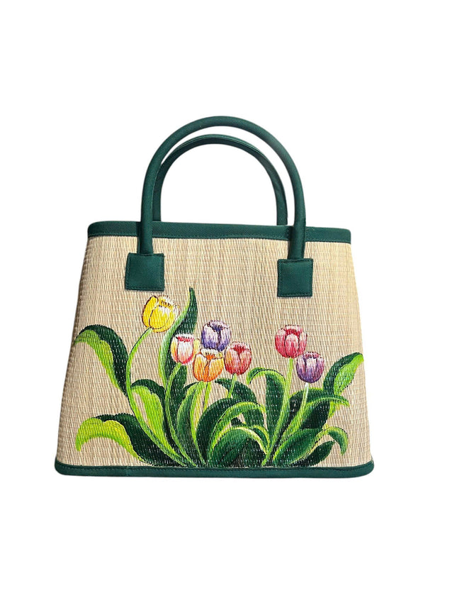 Handwoven seagrass tote bag with cute hand painted tulip artwork.