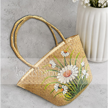 Handmade shoulder bag with hand painted daisy flowers.