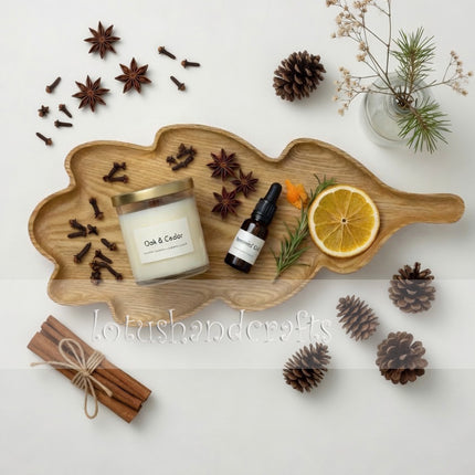 Ash wood oak leaf shape serving tray for coffee, snacks, home decor, and aesthetic flatlay photography.