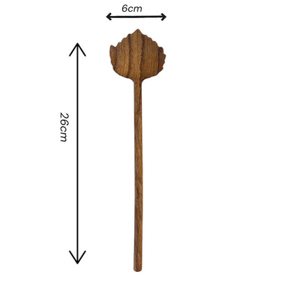 Hand carved leaf wooden salad spoon from size collection crafted for serving salads with natural style durability and comfort.