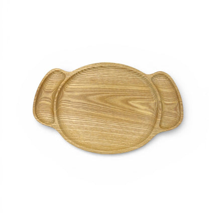 Handcarved chibi puppy shaped wooden serving tray crafted for coffee snacks decor and gifting.
