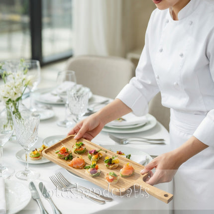 Long ash wood serving board with handle ensures safety for everyday food use.