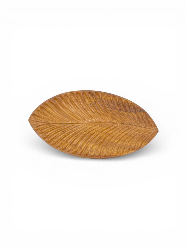 Cute handcarved redwood leaf shaped serving platter for coffee, desserts, decor, and handmade flatlay styling.