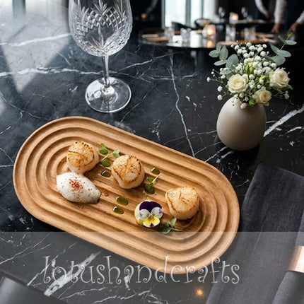 Ripple oval wooden serving tray perfect for coffee plating snacks and elegant everyday table styling.