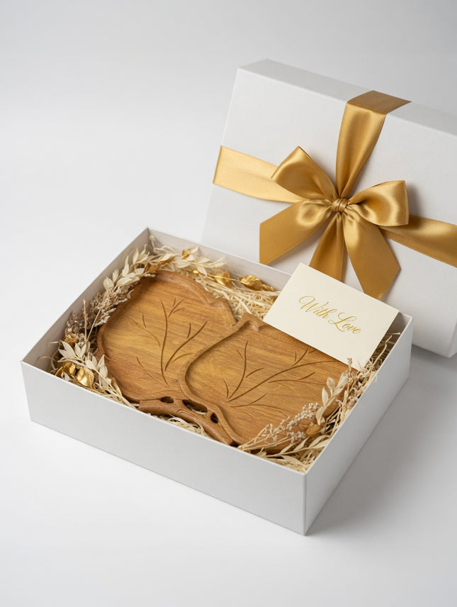 Handcrafted double leaf shaped wooden serving tray perfect as a meaningful gift.