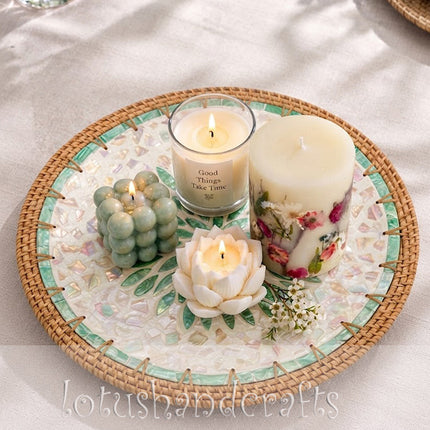 Iridescent mother of pearl mosaic beautifully highlights the vibrant emerald leaf pattern with delicate natural color variations.