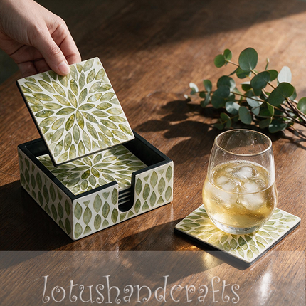 handcrafted blooming leaf pattern natural shell coasters 6 piece luxury decor.