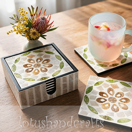 natural shell tones — green, ivory and gold mother of pearl coaster design detail.