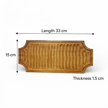 Large handcrafted wooden serving board with ribbed surface and generous size for elegant and practical use.