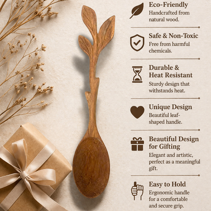 Beautiful natural wooden spoon crafted in a leaf shape, perfect for elegant everyday use.