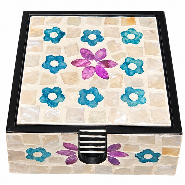 6-piece blue floral & purple flower mother of pearl square coaster set with holder showing full dimensions.