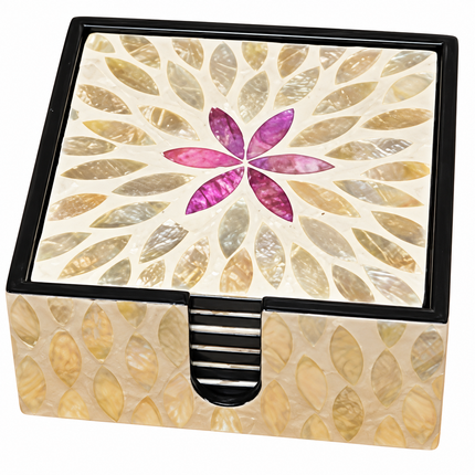 A single square mother-of-pearl coaster featuring a vibrant pink six-petal flower design at its center.