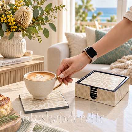 Luxury 6-piece handcrafted coaster set and matching storage holder.