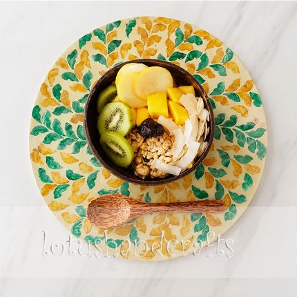 Handmade Mother of Pearl Green & Gold Leaf Round Placemat by Lotushandcrafts.