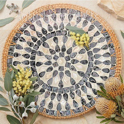 Round Rattan Mother of Pearl Teardrop Mosaic Charger Plate & chager plate by Lotushandcrafts.