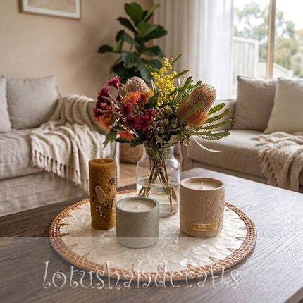 Round Rattan Mother of Pearl Floral Mosaic Placemat. 