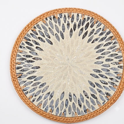 Handcrafted Rattan & Mother of Pearl Sunburst Floral Mosaic Rattan Round Placemat by Lotushandcrafts. 