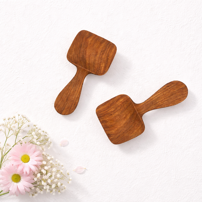 Handcrafted mini square redwood scoop made from natural wood for precise clean ingredient serving daily.