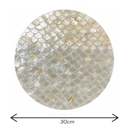 Handcrafted Round Mother of Pearl Placemat with Scallop Shell Mosaic Inlay.