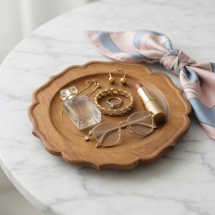 Handcrafted scalloped wood charger plate that is easy to clean and maintain.