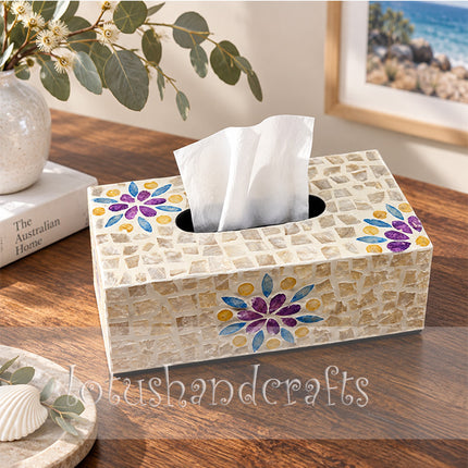Small pieces of natural shell are carefully arranged to create a unique mosaic texture and luminous finish.