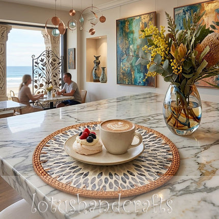 Rattan & Mother of Pearl Sunburst Floral Mosaic Rattan Round Placemat by Lotushandcrafts. 