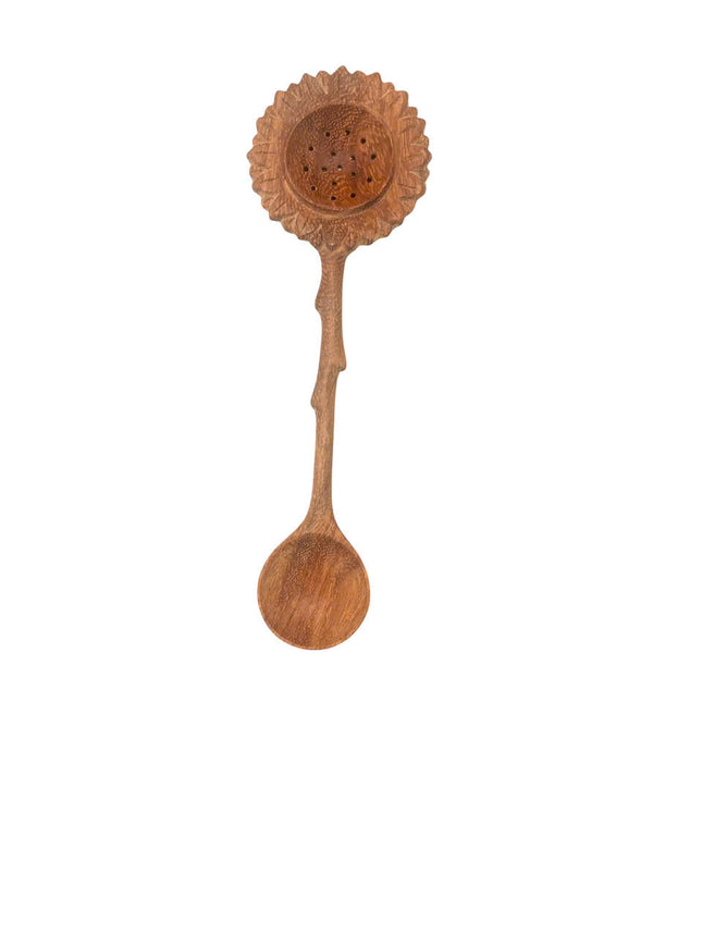Handcrafted sunflower wooden slotted duo spoon with cute design for everyday kitchen use.