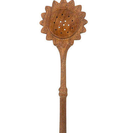 Handcrafted wooden sunflower slotted spoon designed for easy cooking serving draining and everyday kitchen use.