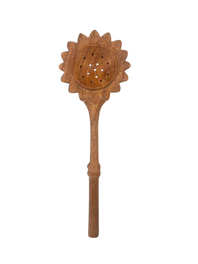 Handcrafted wooden sunflower slotted spoon designed for easy cooking serving draining and everyday kitchen use.