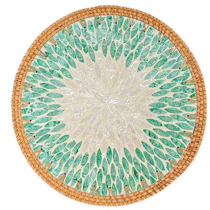 Handcrafts Turquoise Radiant Leaf Mother of Pearl Rattan Tray Charger Plate by Lotushandcrafts.