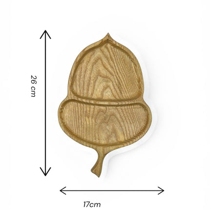 Handcrafted wooden acorn serving tray with a practical size suitable for everyday use.