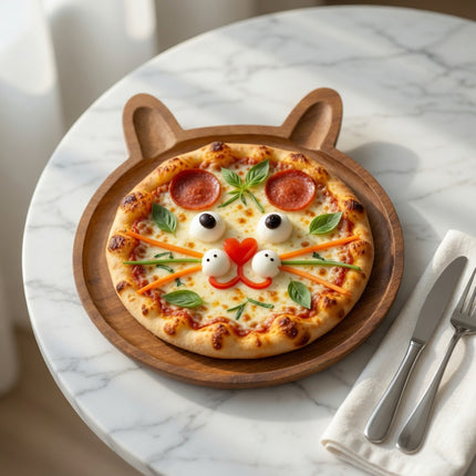 Handcrafted wooden cat shaped plate with high durability and a smooth natural finish.