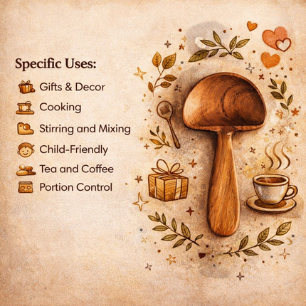 Cute wooden mushroom scoop spoon crafted from natural wood for a warm rustic feel.