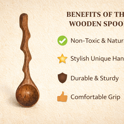 Handcrafted wooden spoon with twig curve design, handmade by lotushandcrafts, blending natural beauty, artisanal quality, and timeless functionality for everyday use.