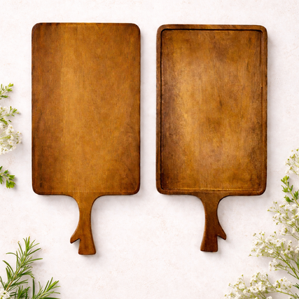 Handcrafted wooden serving tray handle board is durable, elegant, and perfect for everyday use.