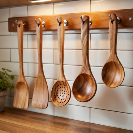 Luxury handmade wooden spoon set with five pieces adds elegant decor and practical functionality to your kitchen space.