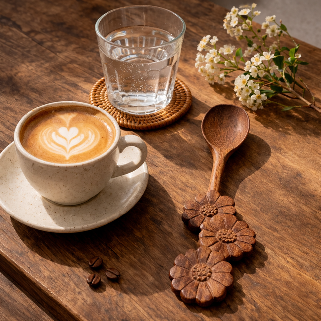 Handcrafted wooden spoon with three flower handle design, durable, elegant, easy to clean for everyday home use.