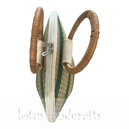 Handmade Seagrass Straw Handbag with Rattan Handle, Half Moon Shape Woven Tote Bag with Green Stripes Pattern