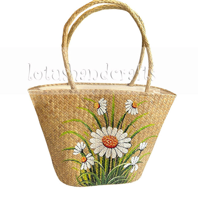 Handmade Daisy Flower Shoulder Bag | Hand-Painted Woven Summer Beach Shoulder Bag