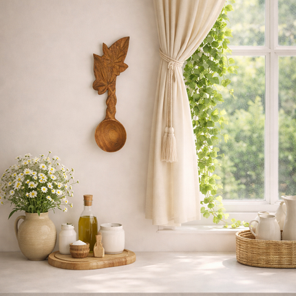 Cute hand carved ivy leaf wooden spoon for kitchen decor and everyday use.