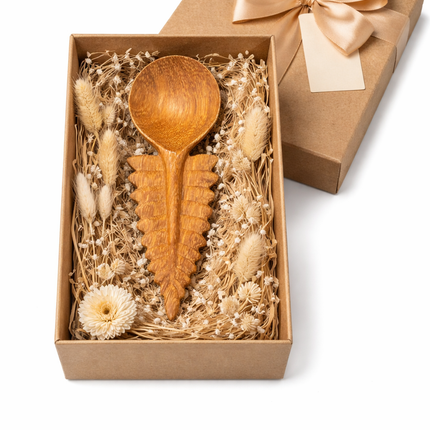 Handmade wooden spoon handcrafted with a cute fern leaf design makes a perfect gift for everyday use and decor.