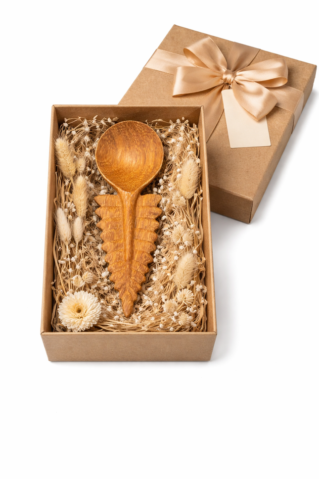 Handmade wooden spoon handcrafted with a cute fern leaf design makes a perfect gift for everyday use and decor.
