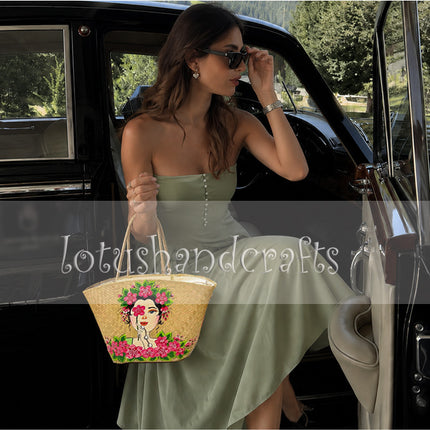 Hand painted floral lady straw tote bag for beach and summer.