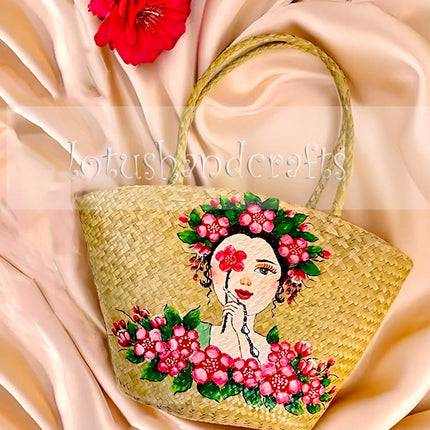 Hand-Painted Floral Lady Straw Tote Bag – Handmade Woven Beach Bag with Romantic Blossom Artwork
