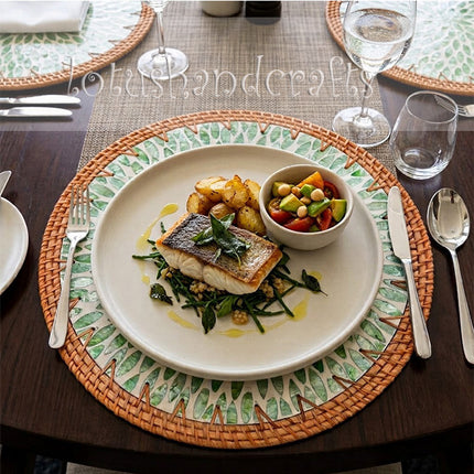 Handmade rattan placemat shimmering green mother of pearl leaf inlay by Lotushandcraft.