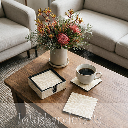 The complete coaster set presented neatly in its decorative matching box.