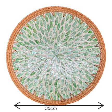 size rattan placemat with shimmering green mother of pearl leaf inlay by Lotushandcraft.