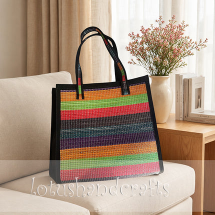 Handmade rainbow striped seagrass tote bag.