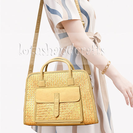 Handwoven seagrass briefcase tote bag with front pocket and removable crossbody strap.