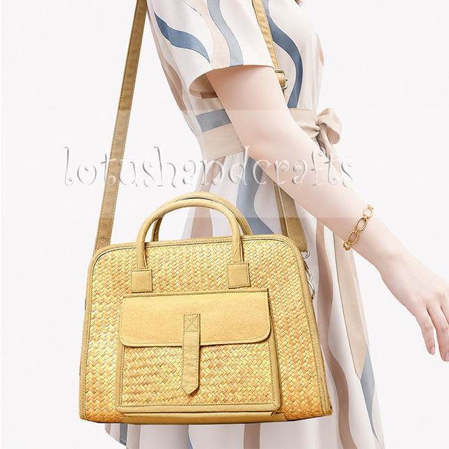 Handwoven seagrass briefcase tote bag with front pocket and removable crossbody strap.